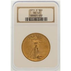 1911-S $20 St. Gaudens Double Eagle Gold Coin NGC MS62