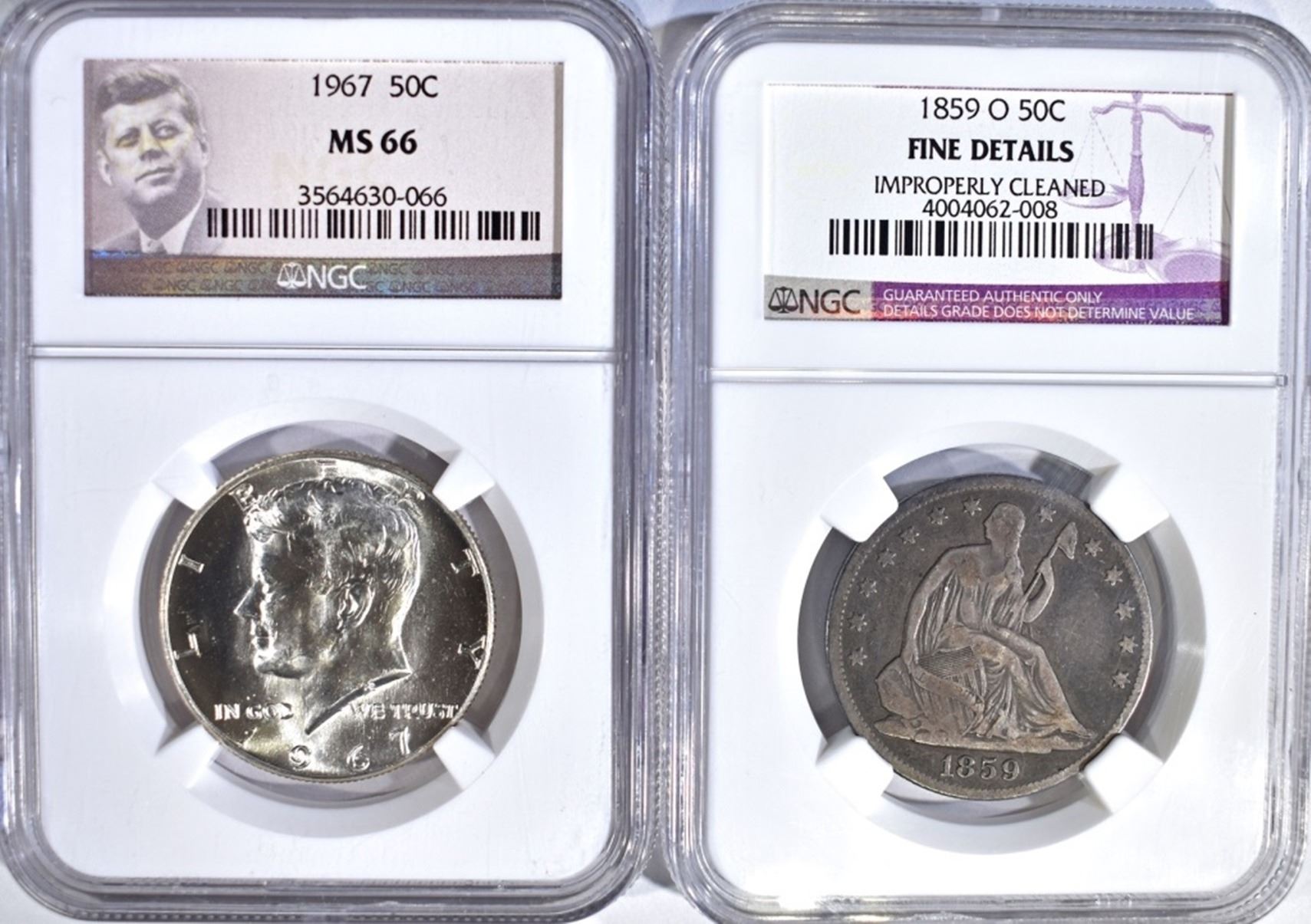 2 NGC GRADED COINS 1967 KENNEDY