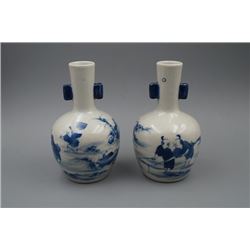 A Pair of Small Blue-and-White  Figure  Vase with Two Ears.