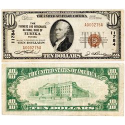 Eureka, Nevada - $10, 1929 Type 1, The Farmers And Merchants National Bank Of, Charter 11784. Fr. 1