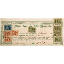Athens Gold and Silver Mining Company Stock with Five 5c Nevada Revenue Stamps