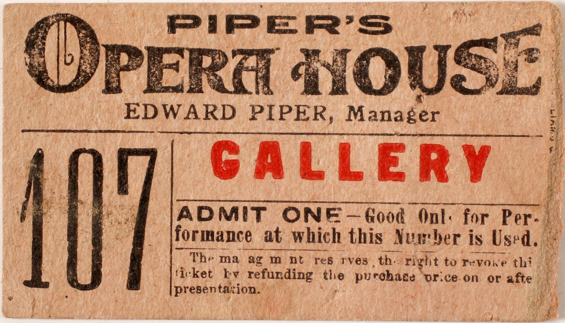 Piper's Opera House Ticket, Virginia City, Nevada Theater