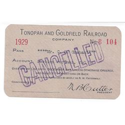 Tonopah & Goldfield Railroad 1929 Pass