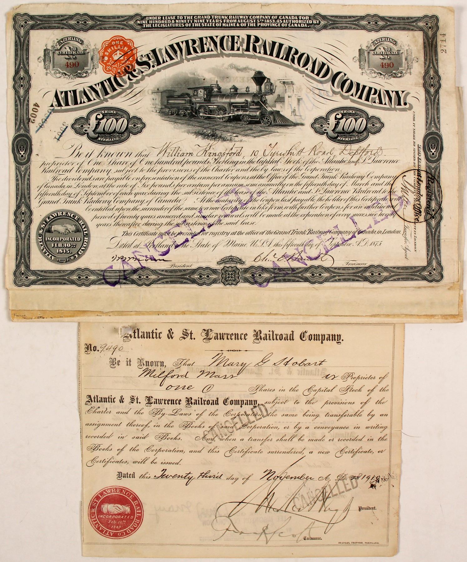 The Atlantic Quebec /& Western Railway Company Bond Stock Certificate Railroad