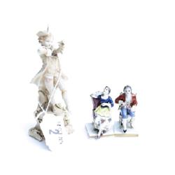 2 miniature Dresden figures and small bisque piper
