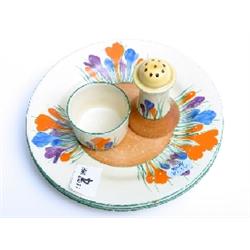 3 Clarice Cliff Bizarre Crocus pattern tea plates, egg cup and pepper pot with rubbed markings
