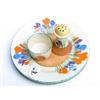 Image 1 : 3 Clarice Cliff Bizarre Crocus pattern tea plates, egg cup and pepper pot with rubbed markings