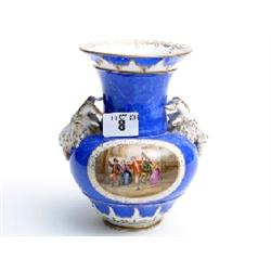 19th Century Berlin vase surmounted by ram's head, with painted panel 'revellers' scenes on marbled 