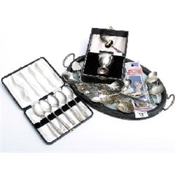 Oval tray with cased plated Christening set, various plated spoons