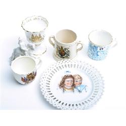 5 pieces commemorative ware to include 1897 Jubilee mug by Copal and ribbon plate