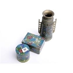 Painted enamel trinket box, lidded pot and oriental painted vase
