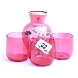 Cranberry coloured glass vase with silver overlay and 3 custard cups