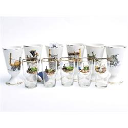 6 duck egg cups decorated with 'Age of Steam' & 5 gilt rimmed tumblers with trains