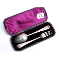 Boxed christening set, spoon/fork London hallmark 1879