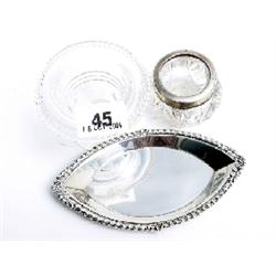 Irish glass salt cellar - another with hallmarked silver rim, & Birmingham 1979 silver trinket tray