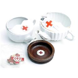Red Cross in silver gilt metal & 2 feeder cups and wooden coaster
