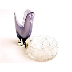 Lead crystal cut glass fruit bowl plus coloured handkerchief shaped posy vase possibly Orifors 