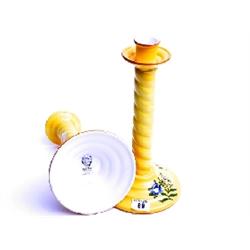 Pair porcelain yellow candlesticks 12" high made in Italy, hand painted for Tiffany & Co. 1 with res