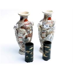2 Chinese export ware vases, cream background with hand painted enamels, plus 2 wood brush stands