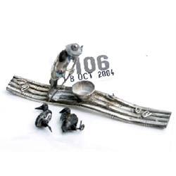 Small oriental silver fisherman on bamboo raft plus 2 ducks (in need of  restoration)