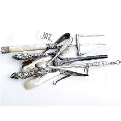 8 pieces silver and plated ware to include decorative hair curlers