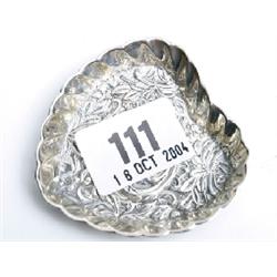 Silver hallmarked heart shaped trinket tray with embossed leaf decoration