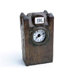 Small late 19c Dutch mantle clock in form of clock tower made of elm with enamel faced dial (some wo