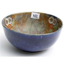 Royal Doulton cobalt blue fruit bowl with painted interior and enamel flowers, 8" diameter, impresse