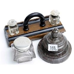 Ebonised inkstand with pair matching glass inks & 2 desk top inks (1 with silver top)