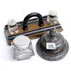Image 1 : Ebonised inkstand with pair matching glass inks & 2 desk top inks (1 with silver top)
