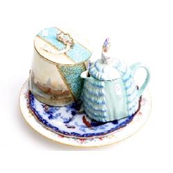 Royal Doulton hand painted charger, flow blue charger, crinoline lady, novelty tea pot and 19c Staff