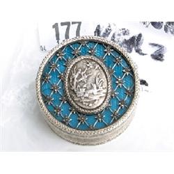 Silver gilt enamel round box with superb decoration, centre with oval hunting scene fine engine turn