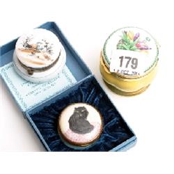 Halcyon Day's hand painted enamel patch pot & 2 others