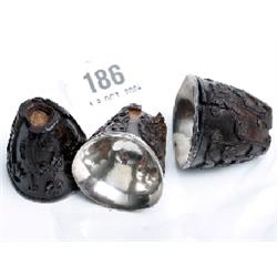 3 oriental brush pots 1.5" wide, spinach carving to the bodies,beaten silver liners, 2 signed