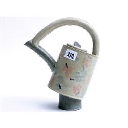 Art pottery novelty tea pot in grey, reds and blues, 10" high with rectangular impressed mark (indis