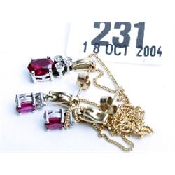 9ct gold and diamond ruby set necklace and earings