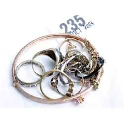 9ct rose gold bangle, 18ct diamond ring and other items