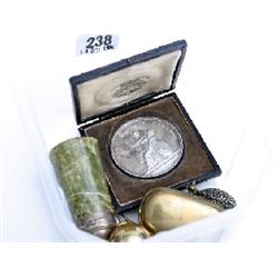 Boxed Dublin Winter Show Medal, brass sovereign holder, 5 hat pins and silver topped onyx pot