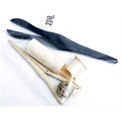 Ivory lidded pots with 3 lace work hooks plus 2 glove stretcher and carved puzzle ball