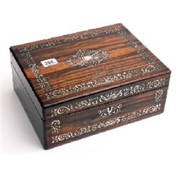 Victorian rosewood mother of pearl inlaid jewellery box with fitted interior in need of restoration