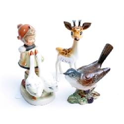 Beswick model of giraffe No 1597 designed by J Lawson 4" high plus Beswick bird and a Hummel figure