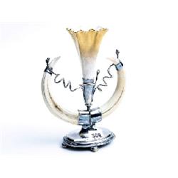 Silver plated boars tusk posy with Coalport stem vase (small chip to inside)