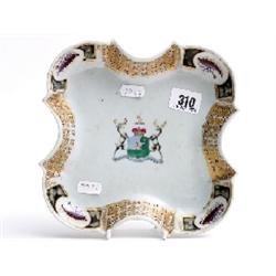 Chinese export shaped dish with gilt pattern work to the sides and amoral crest to centre, stags wit
