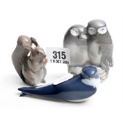 3 x Royal Copenhagen animals, swallow, owls and squirrel