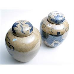 2 large lidded tea jars possibly Dutch, hand painted with figures in a tea plantation