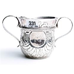 Silver Christening cup Maker mark JP the body chased and embossed London 1751