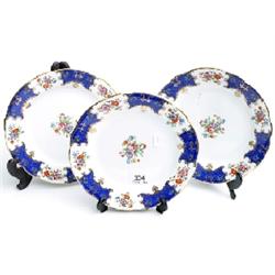 3 Aynsley hand painted cabinet ware plates with flowers, border in cobalt blue and gilt surrounds, 9