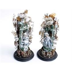 Pair Victorian bisque figure arrangements, with 1 dome glass, in very good condition