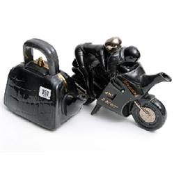 2 novelty tea pot 'Tea Bag' and 'Black Motorcycle' by R Parrington