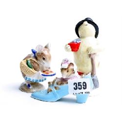 2 Beatrix Potter characters 'Old Woman Who Lived in a Shoe' gold back stamp and 'Appley Dappley' cop